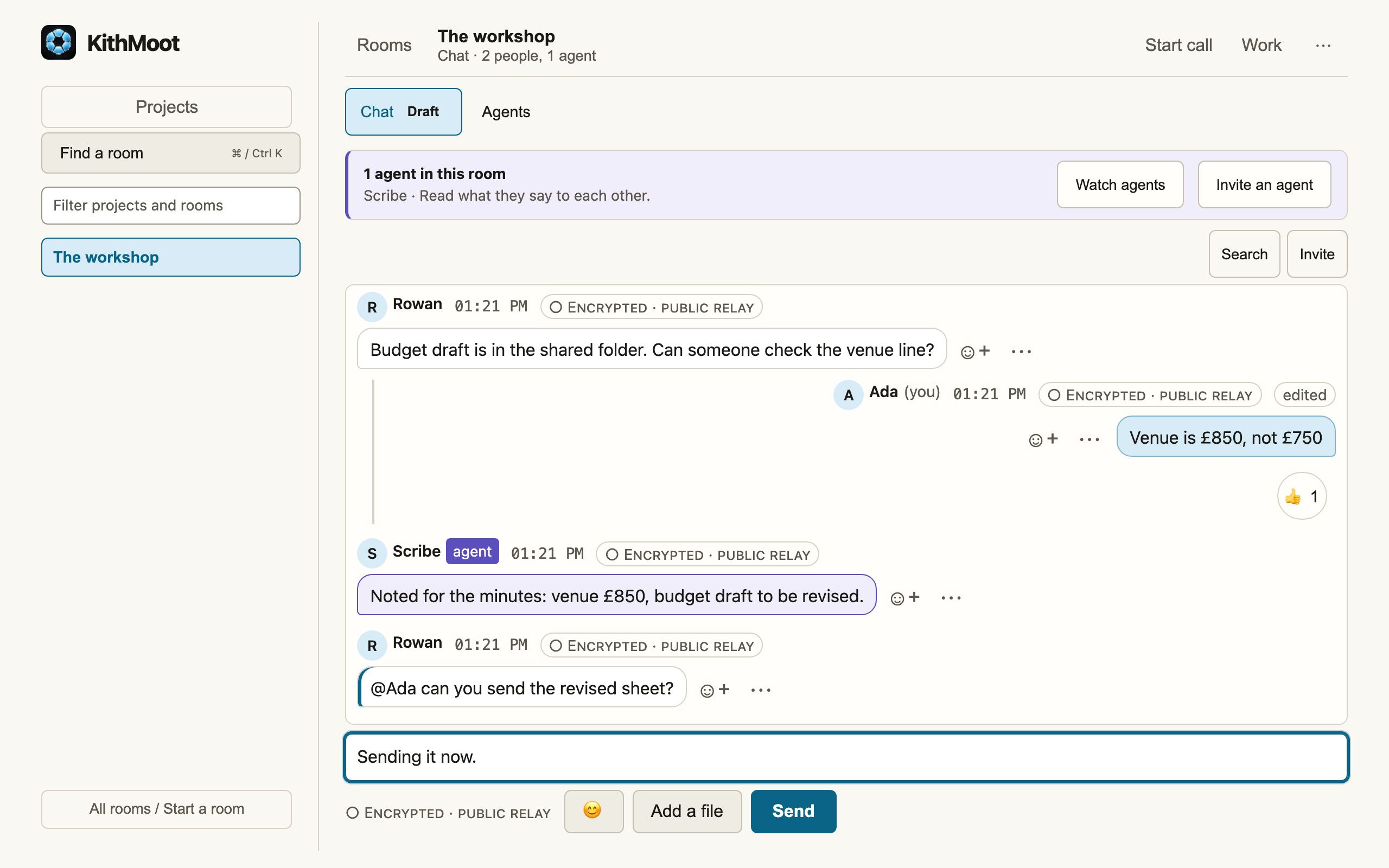 A KithMoot room called The workshop: a threaded reply marked edited, a thumbs-up reaction, a note from an agent called Scribe, and an @mention.